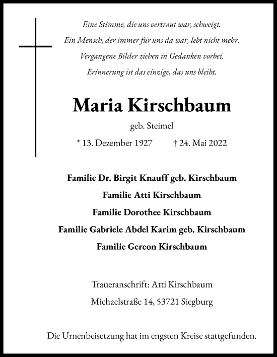 Anzeige von Maria Kirschbaum von Kölner Stadt-Anzeiger / Kölnische Rundschau / Express