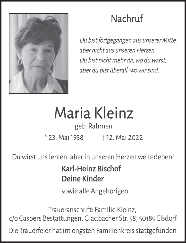  Traueranzeige für Maria Kleinz vom 03.06.2022 aus  Werbepost 