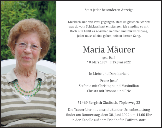 Anzeige von Maria Mäurer von  Bergisches Handelsblatt 