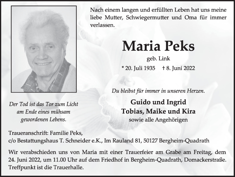  Traueranzeige für Maria Peks vom 17.06.2022 aus  Werbepost 