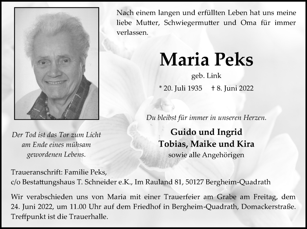  Traueranzeige für Maria Peks vom 18.06.2022 aus Kölner Stadt-Anzeiger / Kölnische Rundschau / Express