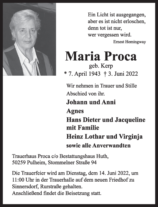 Anzeige von Maria Proca von  Wochenende 