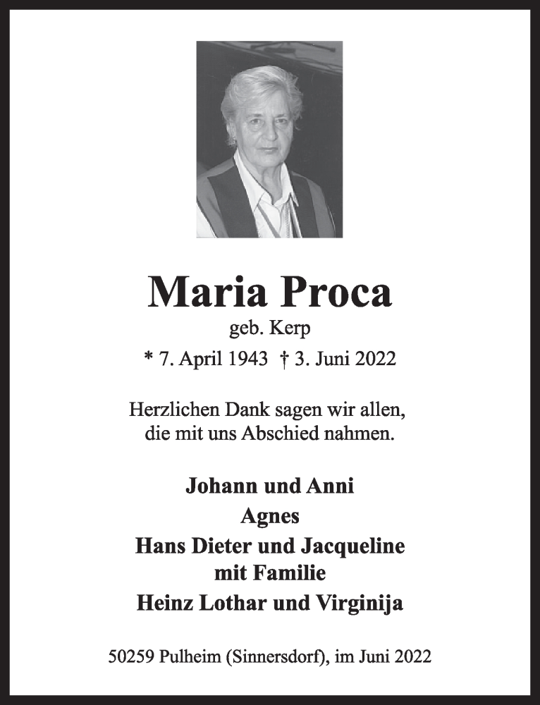  Traueranzeige für Maria Proca vom 24.06.2022 aus  Wochenende 