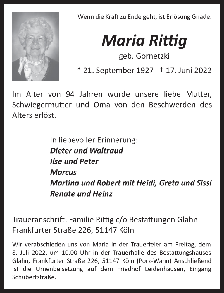  Traueranzeige für Maria Rittig vom 24.06.2022 aus  EXPRESS - Die Woche 