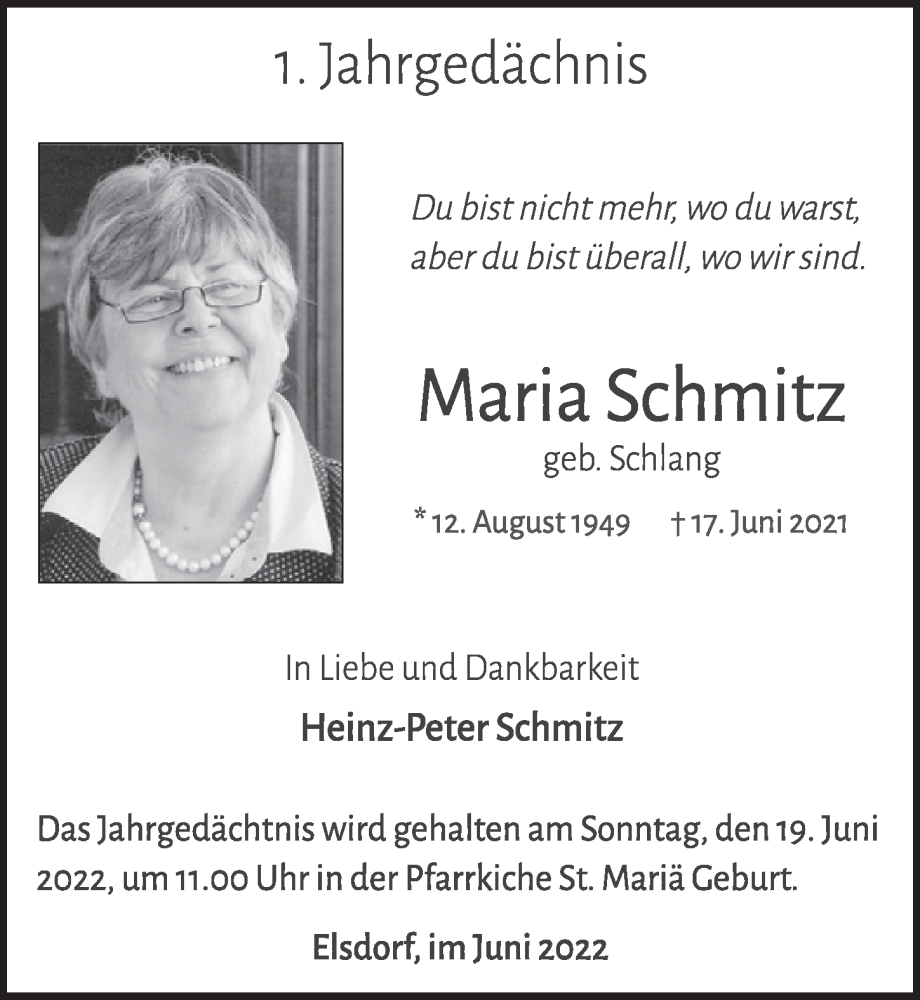  Traueranzeige für Maria Schmitz vom 10.06.2022 aus  Werbepost 