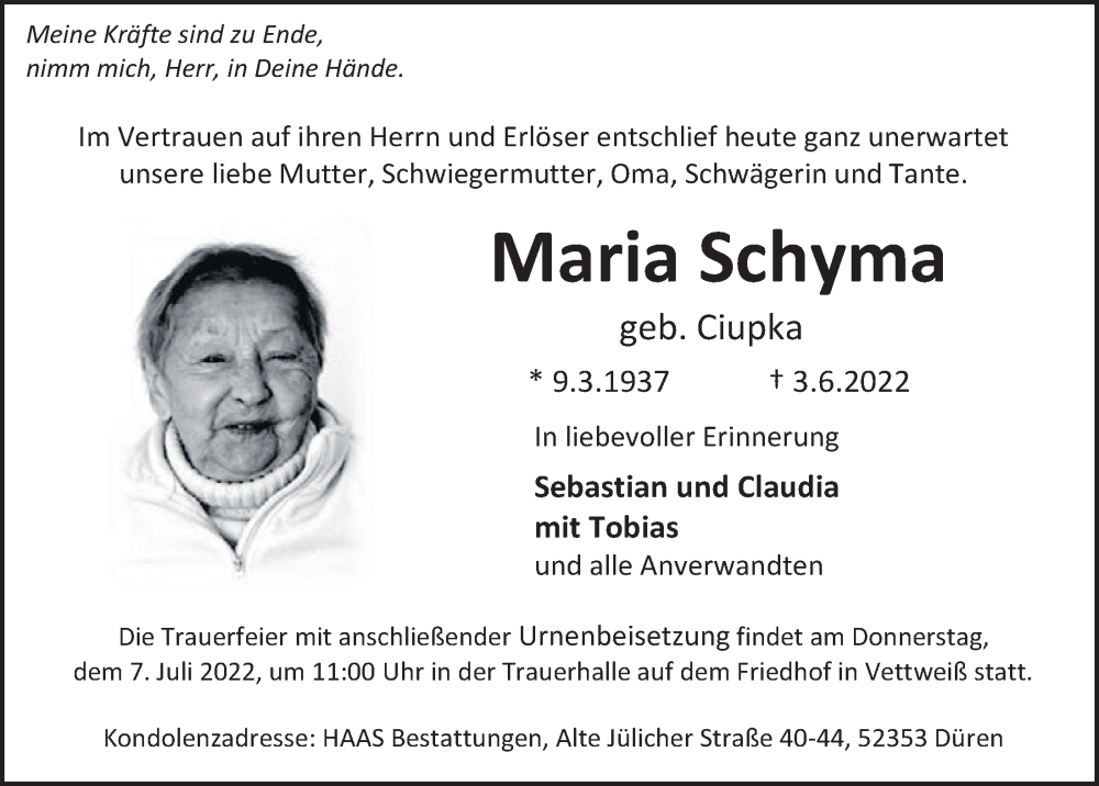  Traueranzeige für Maria Schyma vom 01.07.2022 aus  Schlossbote/Werbekurier 