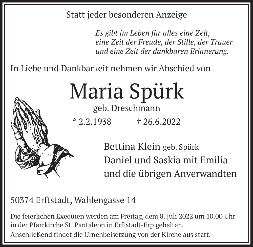  Traueranzeige für Maria Spürk vom 01.07.2022 aus  Werbepost 