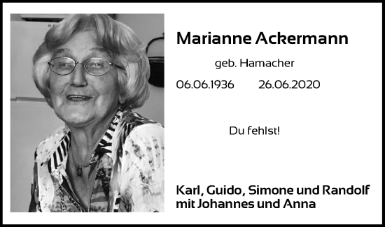 Anzeige von Marianne Achermann von Kölner Stadt-Anzeiger / Kölnische Rundschau / Express