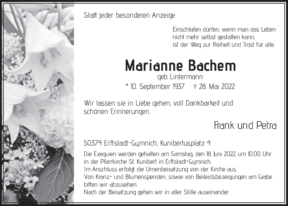  Traueranzeige für Marianne Bachem vom 10.06.2022 aus  Werbepost 