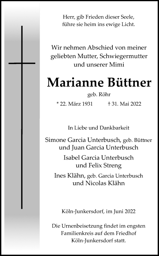Anzeige von Marianne Büttner von Kölner Stadt-Anzeiger / Kölnische Rundschau / Express