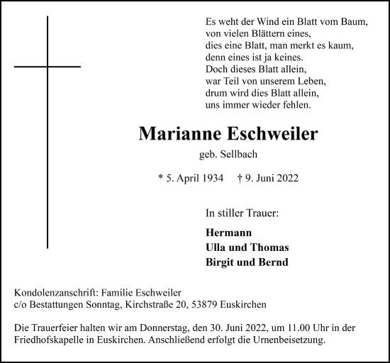 Anzeige von Marianne Eschweiler von  Blickpunkt Euskirchen 