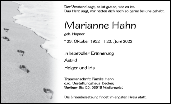 Anzeige von Marianne Hahn von  Blickpunkt Euskirchen 