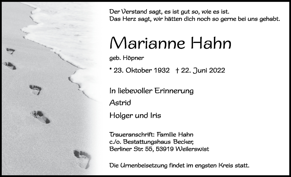  Traueranzeige für Marianne Hahn vom 25.06.2022 aus  Blickpunkt Euskirchen 
