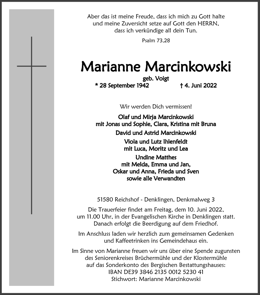  Traueranzeige für Marianne Marcinkowski vom 08.06.2022 aus Kölner Stadt-Anzeiger / Kölnische Rundschau / Express