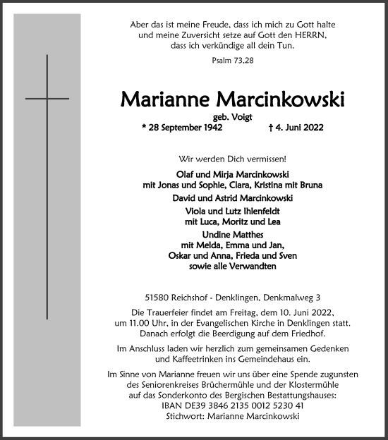 Anzeige von Marianne Marcinkowski von Kölner Stadt-Anzeiger / Kölnische Rundschau / Express