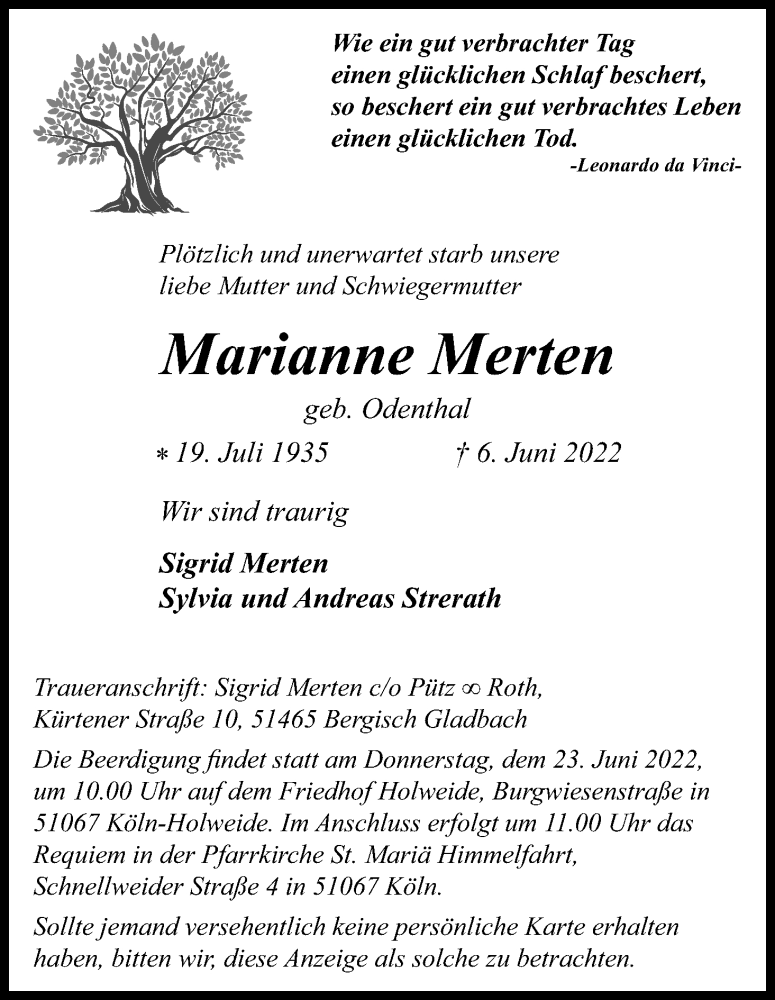  Traueranzeige für Marianne Merten vom 18.06.2022 aus Kölner Stadt-Anzeiger / Kölnische Rundschau / Express