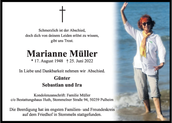 Anzeige von Marianne Müller von  Wochenende 