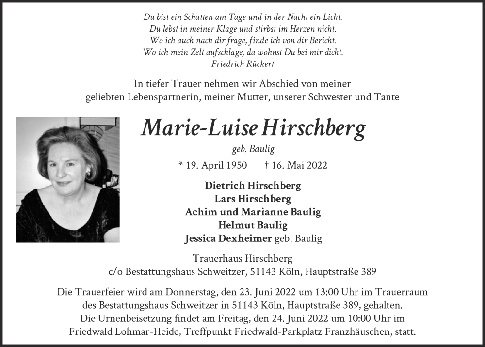  Traueranzeige für Marie-Luise Hirschberg vom 17.06.2022 aus  EXPRESS - Die Woche 