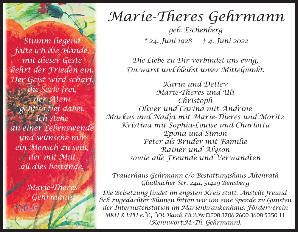  Traueranzeige für Marie-Theres Gehrmann vom 11.06.2022 aus Kölner Stadt-Anzeiger / Kölnische Rundschau / Express