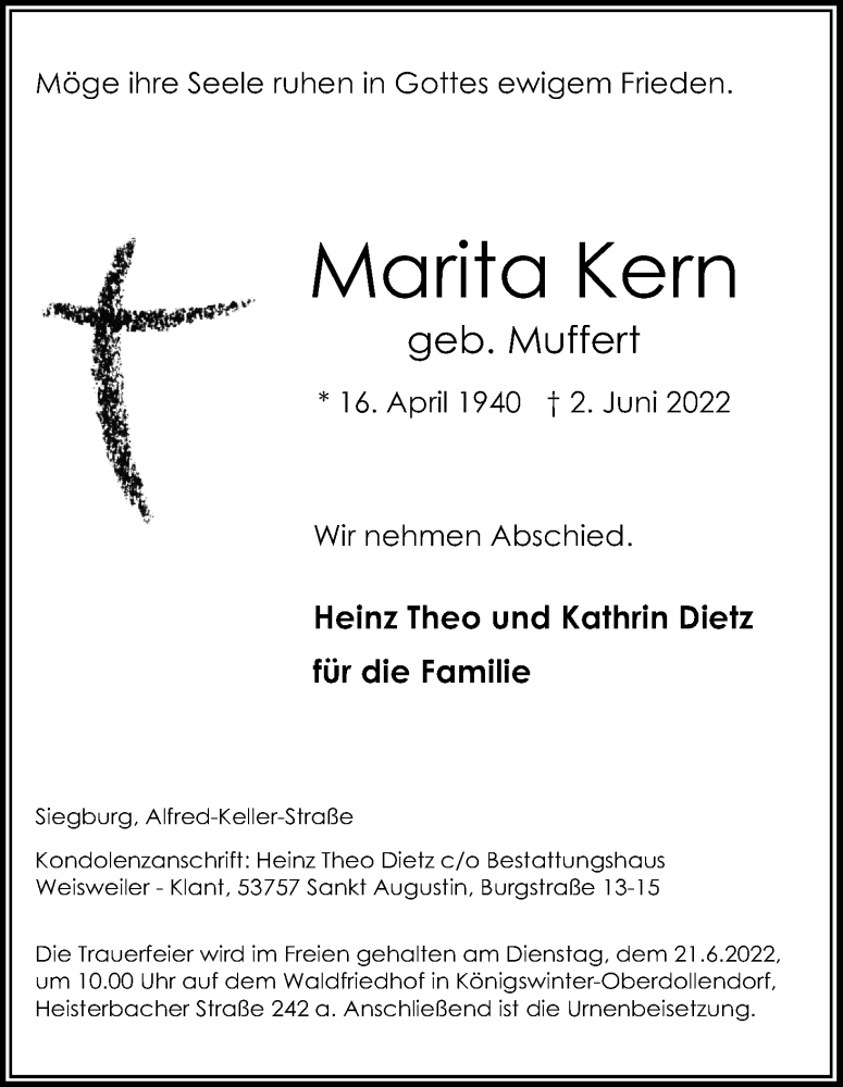  Traueranzeige für Marita Kern vom 18.06.2022 aus Kölner Stadt-Anzeiger / Kölnische Rundschau / Express
