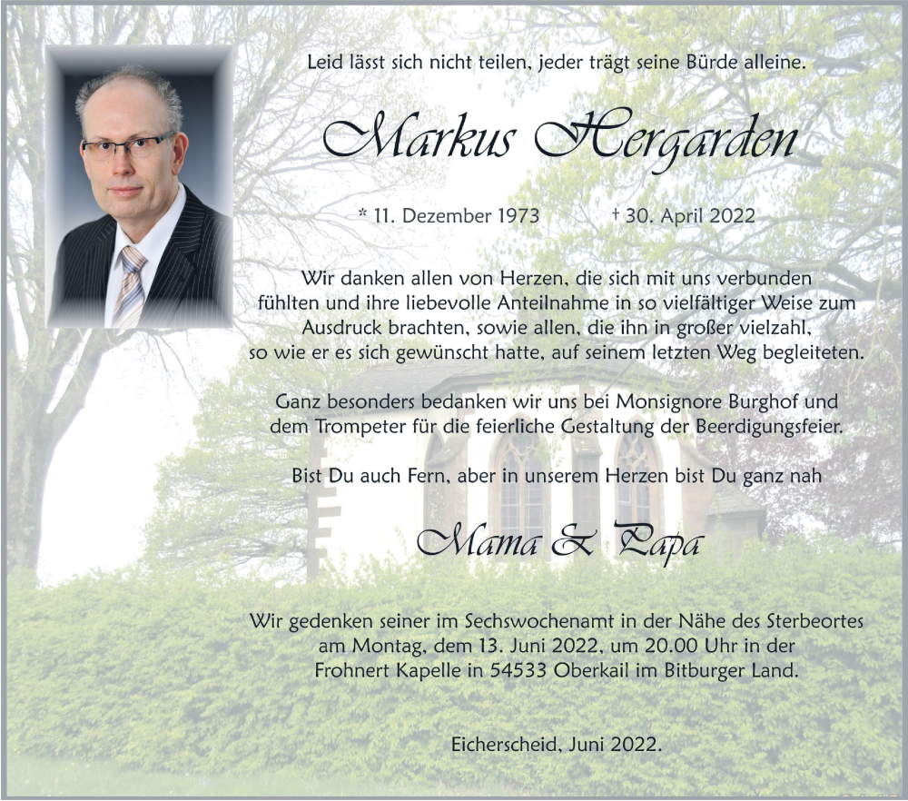  Traueranzeige für Markus Hergarden vom 04.06.2022 aus  Blickpunkt Euskirchen 