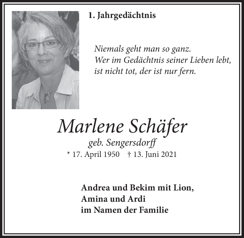  Traueranzeige für Marlene Schäfer vom 11.06.2022 aus  Blickpunkt Euskirchen 