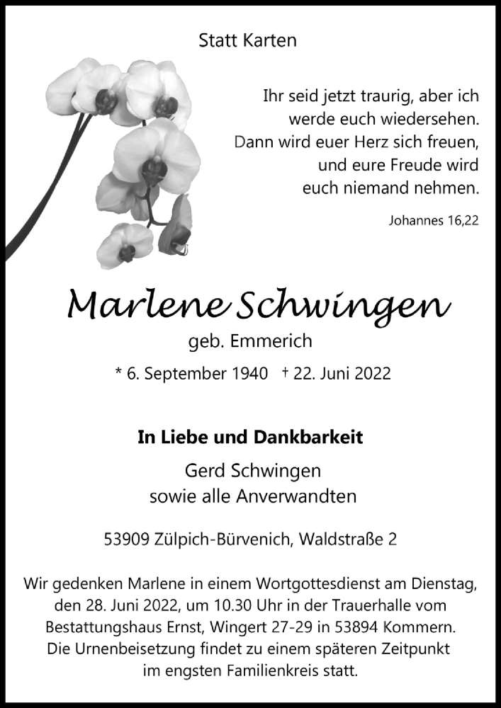  Traueranzeige für Marlene Schwingen vom 25.06.2022 aus  Blickpunkt Euskirchen 