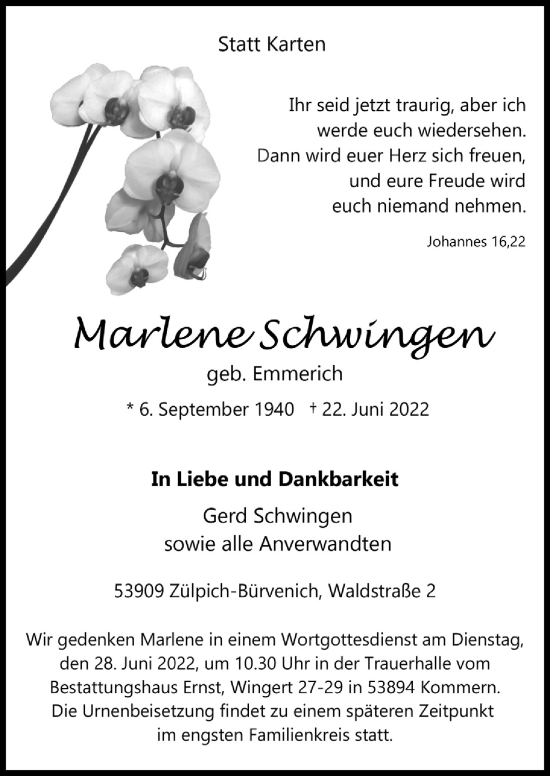 Anzeige von Marlene Schwingen von  Blickpunkt Euskirchen 