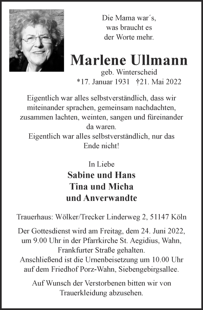  Traueranzeige für Marlene Ullmann vom 10.06.2022 aus  EXPRESS - Die Woche 