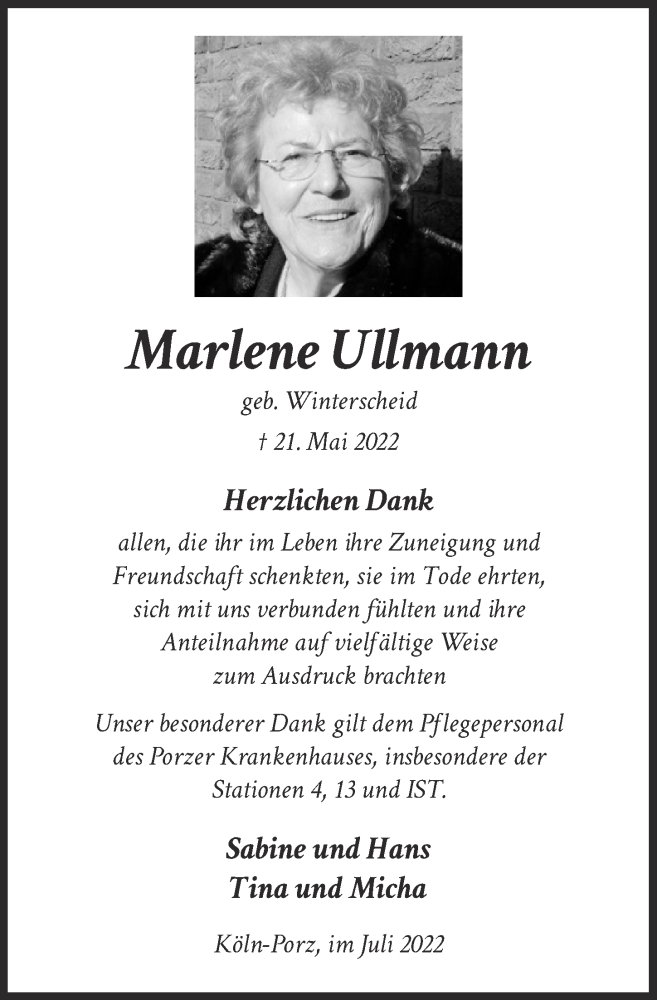  Traueranzeige für Marlene Ullmann vom 01.07.2022 aus  EXPRESS - Die Woche 
