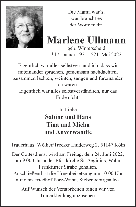 Anzeige von Marlene Ullmann von  EXPRESS - Die Woche 