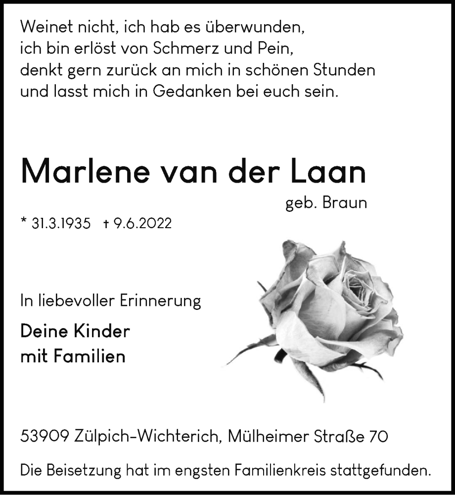  Traueranzeige für Marlene van der Laan vom 18.06.2022 aus  Blickpunkt Euskirchen 