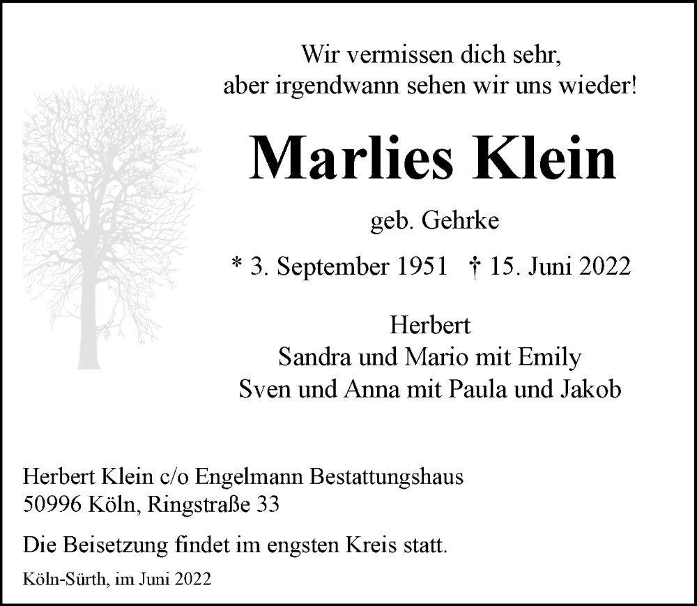  Traueranzeige für Marlies Klein vom 24.06.2022 aus  EXPRESS - Die Woche 