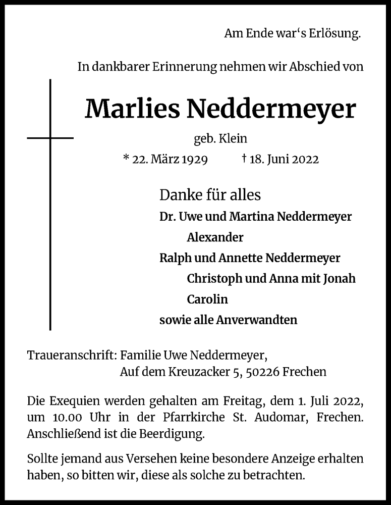  Traueranzeige für Marlies Neddermeyer vom 25.06.2022 aus Kölner Stadt-Anzeiger / Kölnische Rundschau / Express