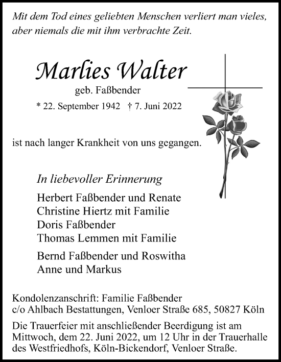 Anzeige von Marlies Walter von Kölner Stadt-Anzeiger / Kölnische Rundschau / Express