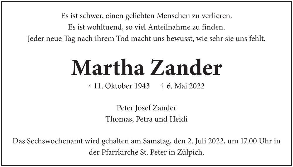  Traueranzeige für Martha Zander vom 25.06.2022 aus  Blickpunkt Euskirchen 