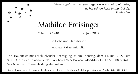Anzeige von Mathilde Freisinger von Kölner Stadt-Anzeiger / Kölnische Rundschau / Express