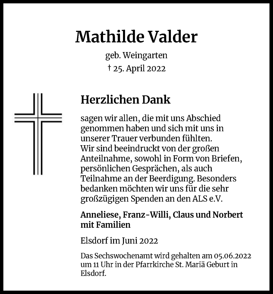  Traueranzeige für Mathilde Valder vom 04.06.2022 aus Kölner Stadt-Anzeiger / Kölnische Rundschau / Express