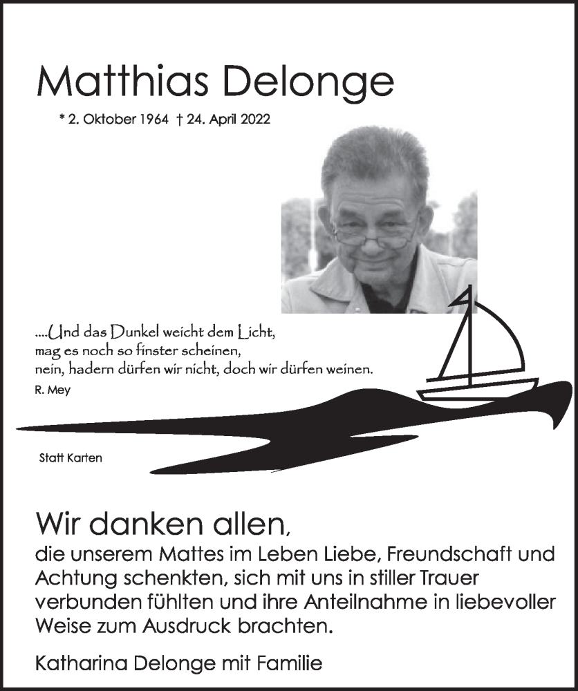  Traueranzeige für Matthias Delonge vom 24.06.2022 aus  Werbepost 