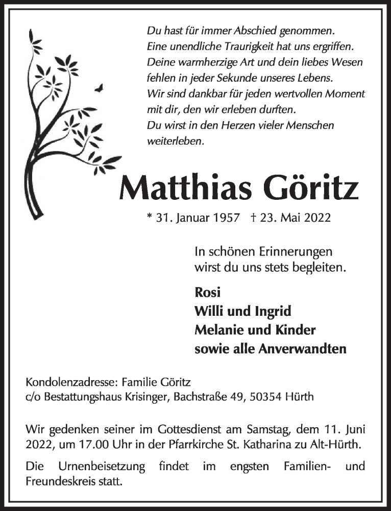  Traueranzeige für Matthias Göritz vom 03.06.2022 aus  Wochenende 