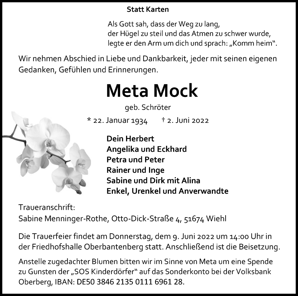  Traueranzeige für Meta Mock vom 04.06.2022 aus Kölner Stadt-Anzeiger / Kölnische Rundschau / Express