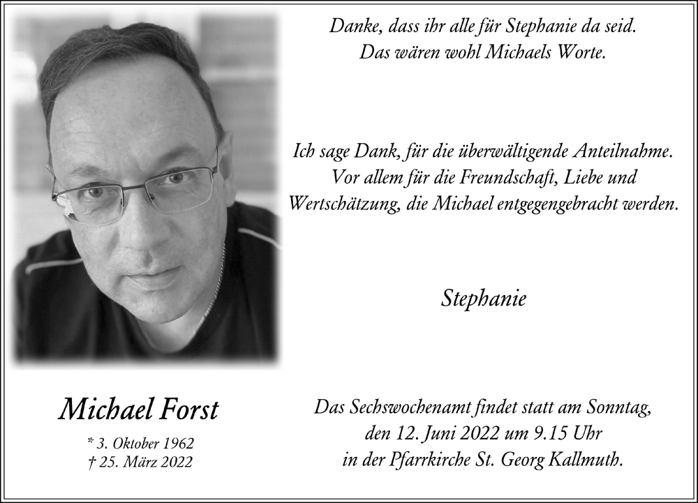  Traueranzeige für Michael Forst vom 04.06.2022 aus  Blickpunkt Euskirchen 