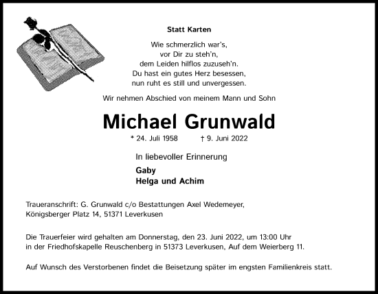 Anzeige von Michael Grunwald von Kölner Stadt-Anzeiger / Kölnische Rundschau / Express
