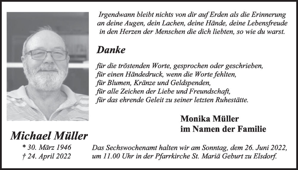  Traueranzeige für Michael Müller vom 17.06.2022 aus  Werbepost 