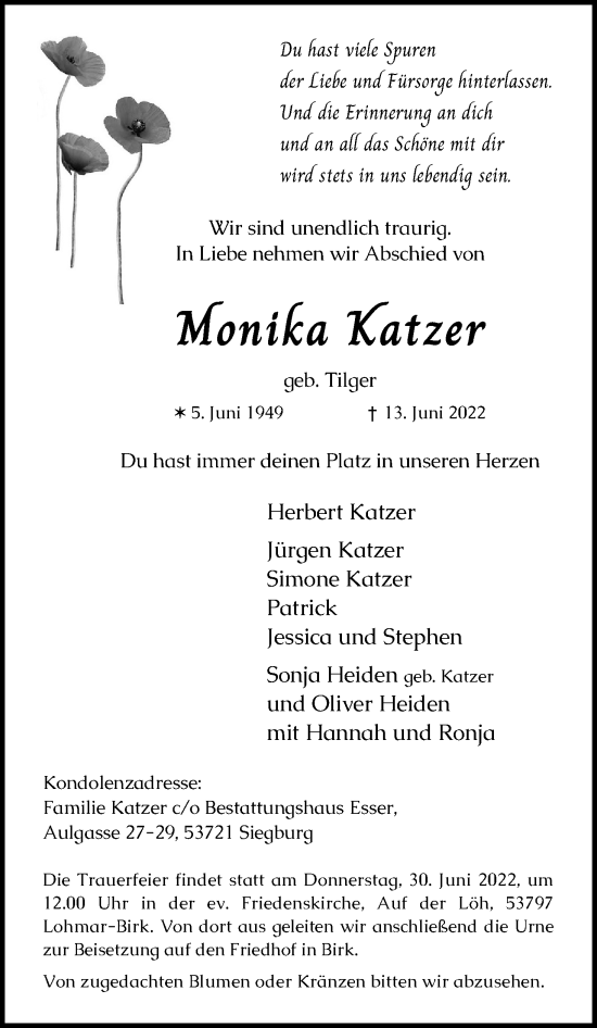 Anzeige von Monika Katzer von Kölner Stadt-Anzeiger / Kölnische Rundschau / Express