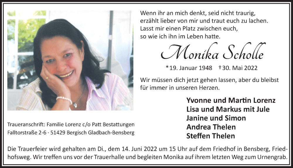  Traueranzeige für Monika Scholle vom 03.06.2022 aus  Bergisches Handelsblatt 