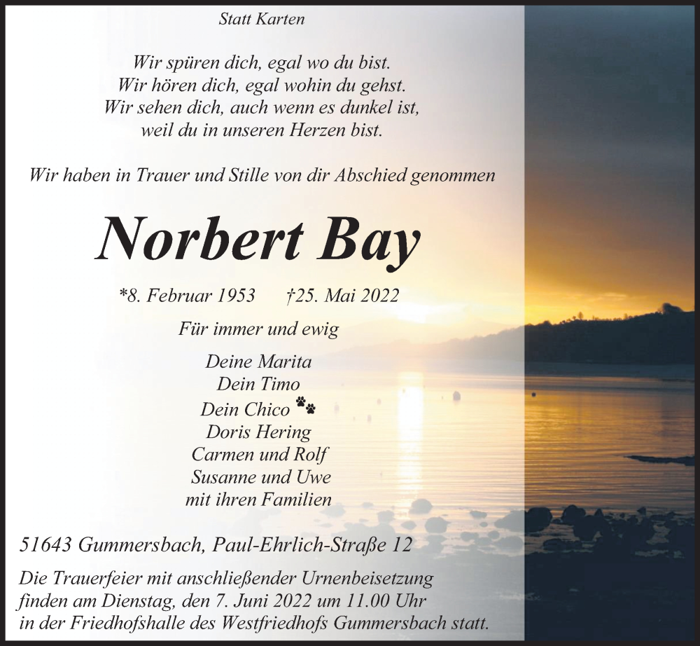  Traueranzeige für Norbert Bay vom 03.06.2022 aus Kölner Stadt-Anzeiger / Kölnische Rundschau / Express