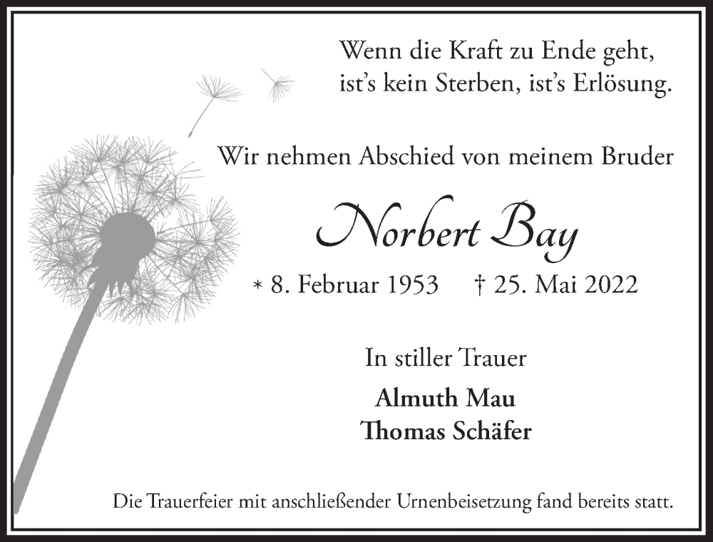  Traueranzeige für Norbert Bay vom 10.06.2022 aus  Anzeigen Echo 