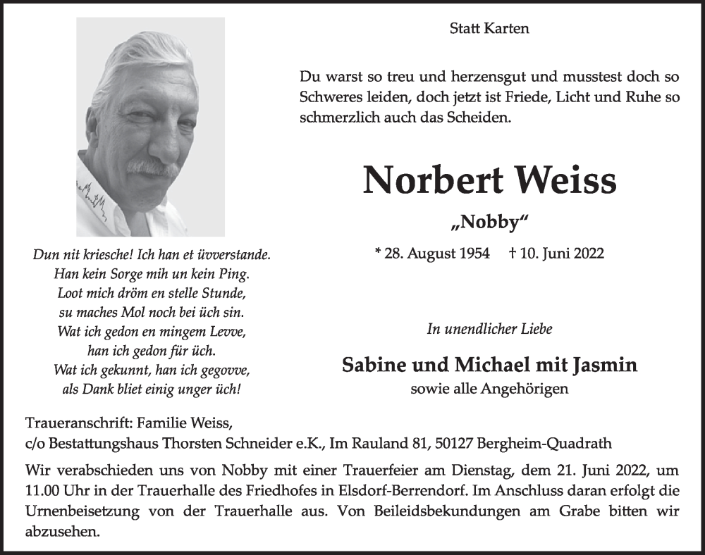  Traueranzeige für Norbert Weiss vom 17.06.2022 aus  Werbepost 