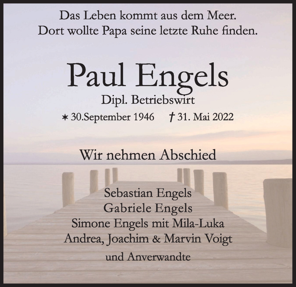  Traueranzeige für Paul Engels vom 11.06.2022 aus Kölner Stadt-Anzeiger / Kölnische Rundschau / Express